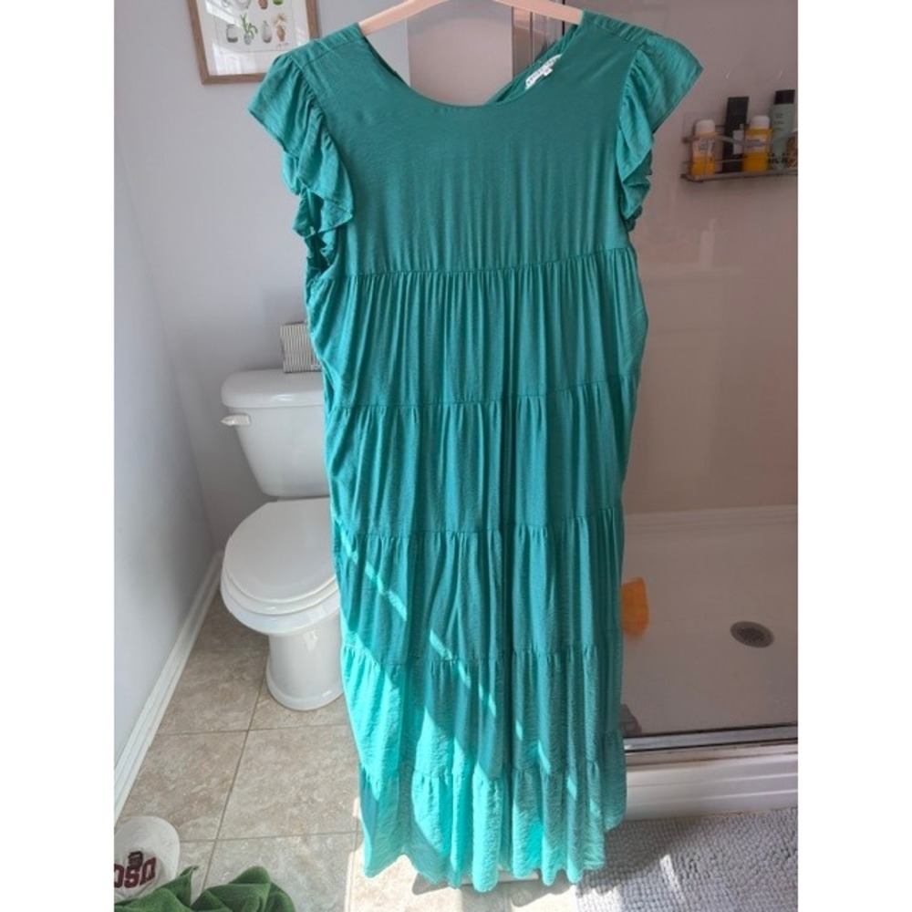 English Factory Women's M Teal Tiered Maxi Dress Flutter Sleeve Back Tie